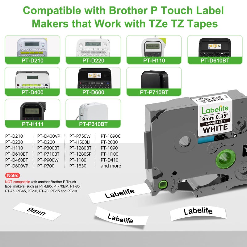 Labelife TZe-221 TZe221 Replacement for Brother P Touch Label Maker Tape 9mm TZe TZ Tape 9mm 0.35 Laminated White for Brother PT-D210 PT-D220 PT-D200 PT-H110 PT-D400 PT-D410, 3/8 Inch, 5-Pack - Image 2